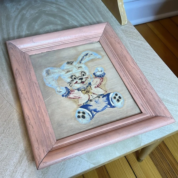 Vintage 50s Children’s Bedroom Decor Painted Framed Canvas Bunnies & Elephants - Picture 6 of 9